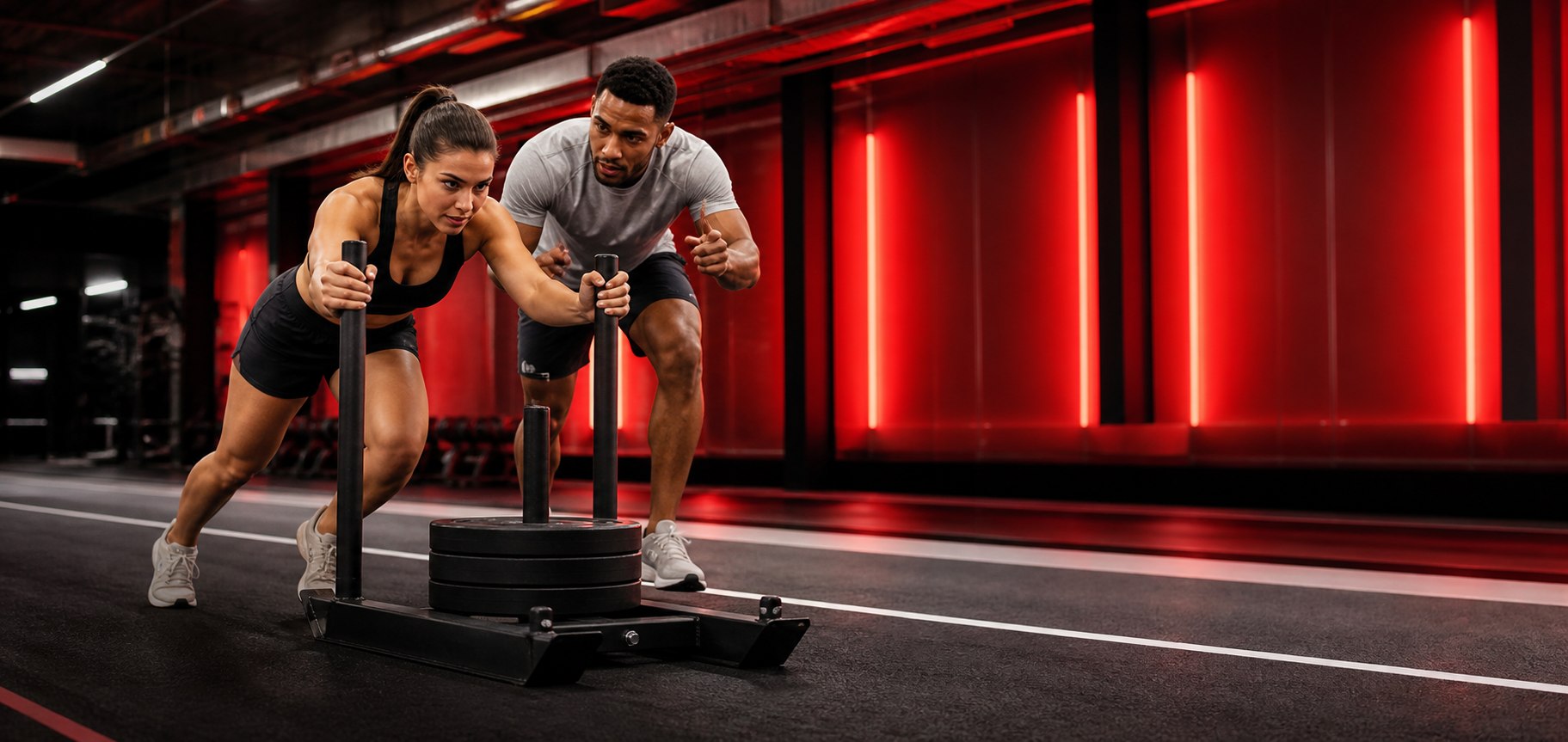 A client pushing a weighted sled while a coach cues alongside